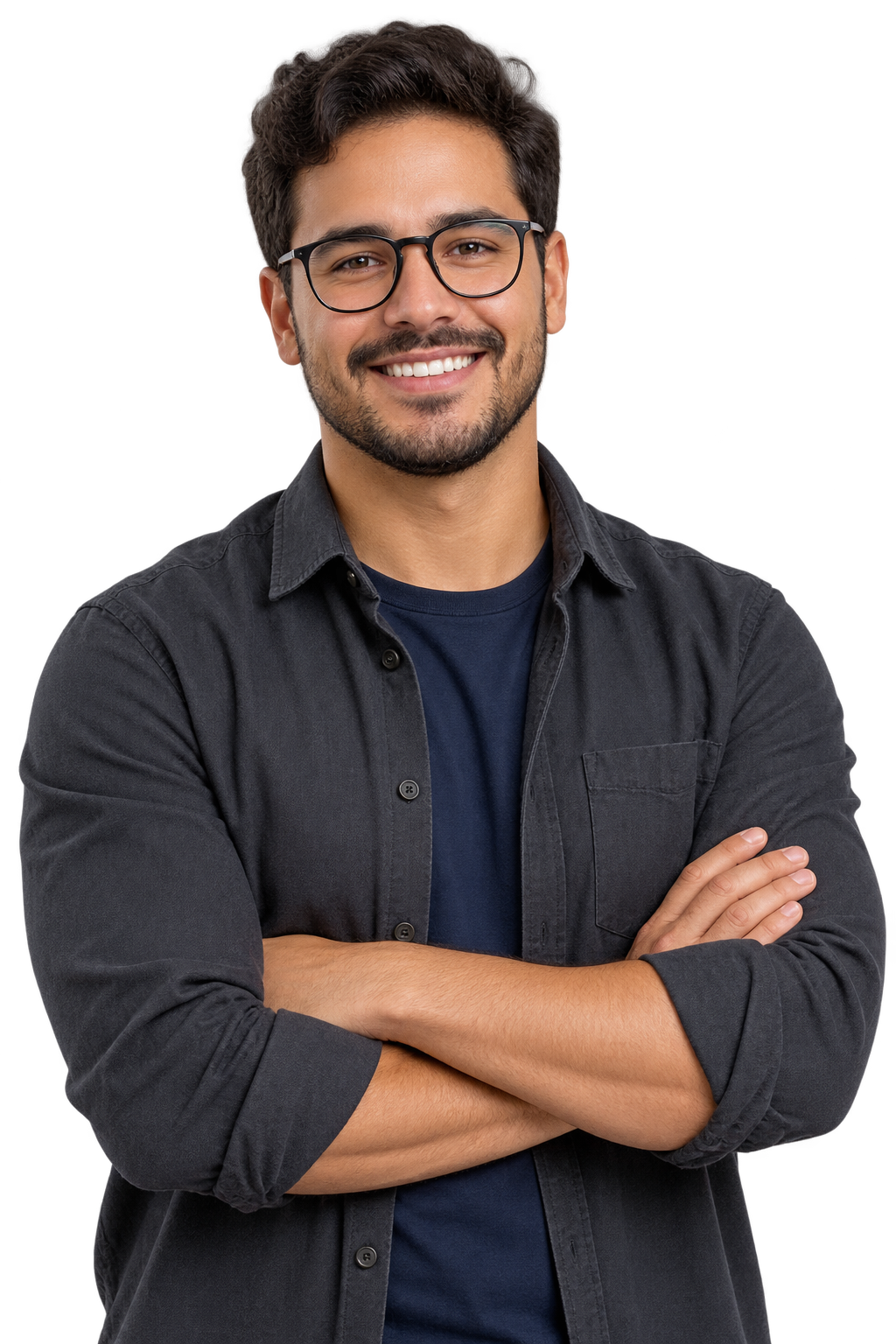 Profissional sorrindo, com os braços cruzados